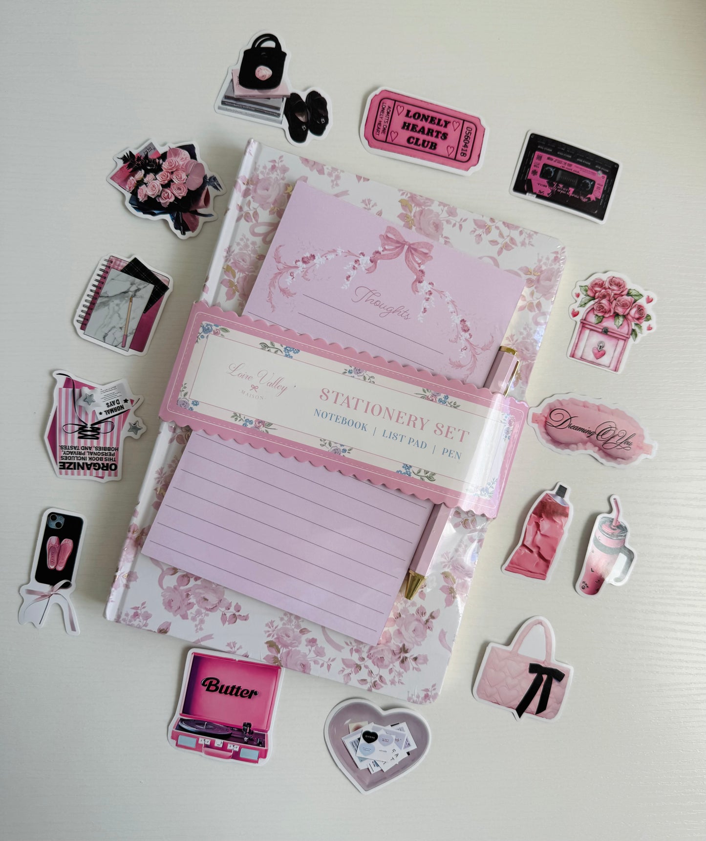 🌸🕊️pink notebook & stickers set…