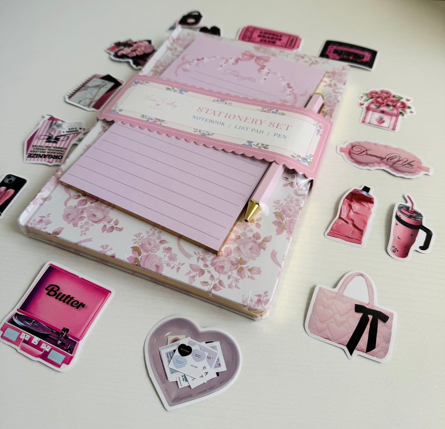 🌸🕊️pink notebook & stickers set…